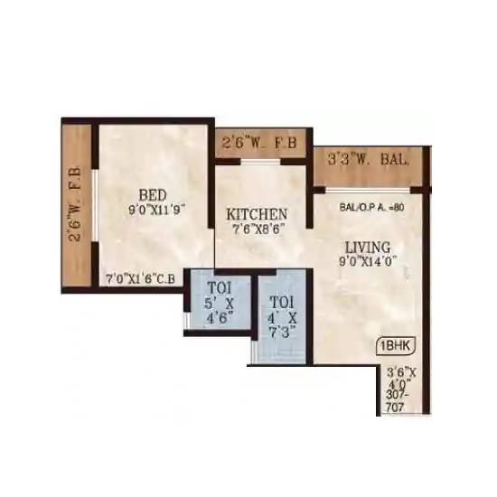 Floor plan of 1 BHK 379 Sq. Ft. Apartment in Gad Tahera Residency, Palghar