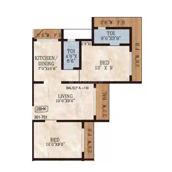 Floor plan of 2 BHK 522 Sq. Ft. Apartment in Gad Tahera Residency, Palghar
