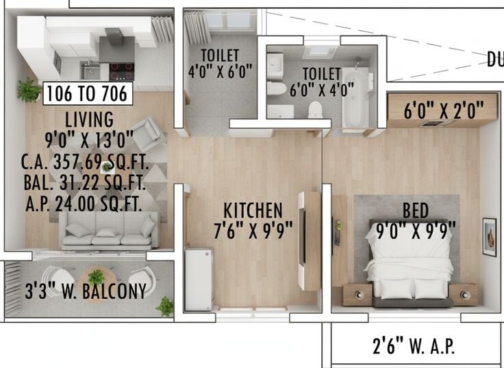 Floor plan of 1 BHK 358 Sq. Ft. Apartment in Gaurav Shiv Sai Apartment, Palghar