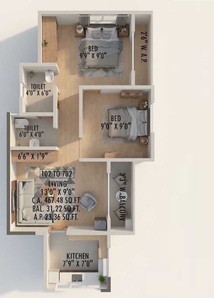 Floor plan of 2 BHK 467 Sq. Ft. Apartment in Gaurav Shiv Sai Apartment, Palghar