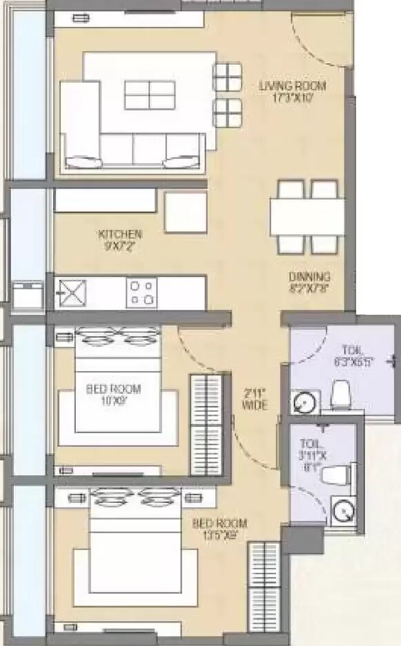 Floor plan of 2 BHK 654 Sq. Ft. Apartment in Ghanshyam Canary, Palghar