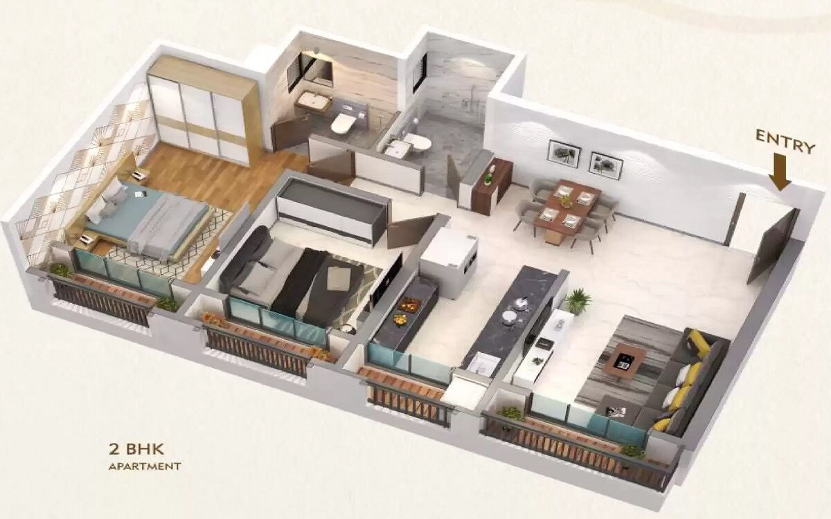 Floor plan of 2 BHK 758 Sq. Ft. Apartment in Ghanshyam Canary, Palghar