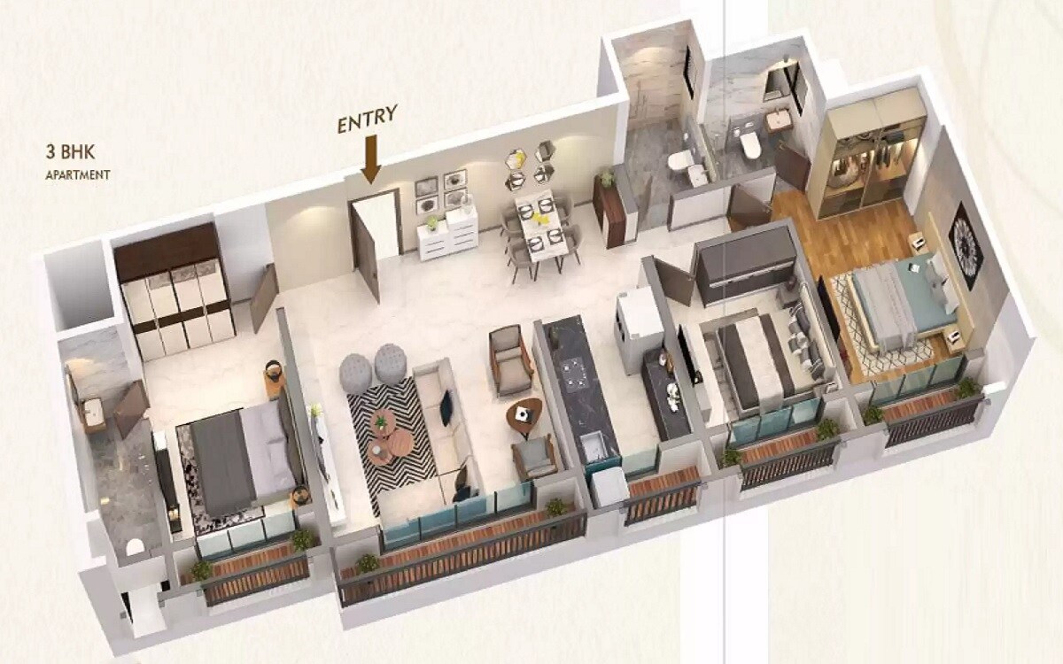 Floor plan of 3 BHK 949 Sq. Ft. Apartment in Ghanshyam Canary, Palghar