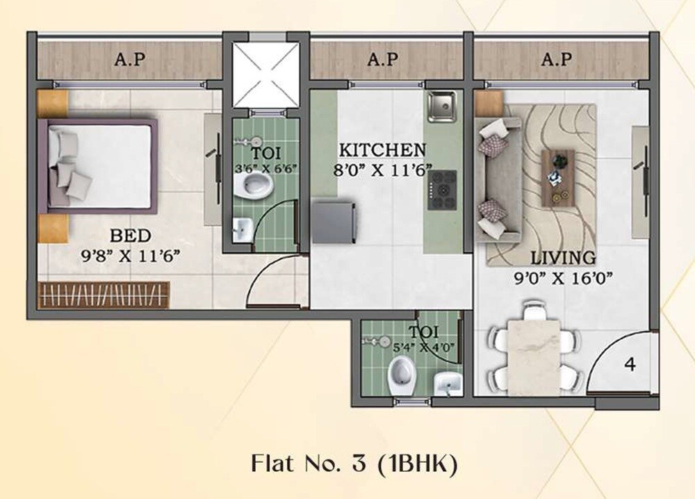 Floor plan of 1 BHK 322 Sq. Ft. Apartment in Gladiolus Crown, Palghar