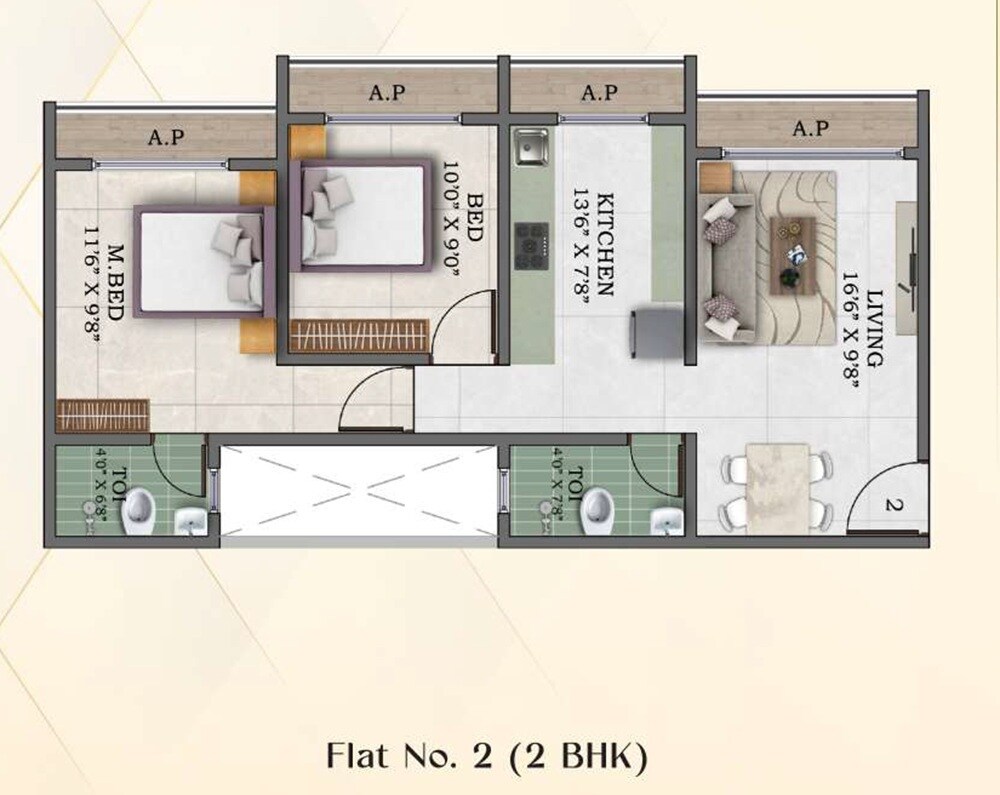 Floor plan of 2 BHK 423 Sq. Ft. Apartment in Gladiolus Crown, Palghar