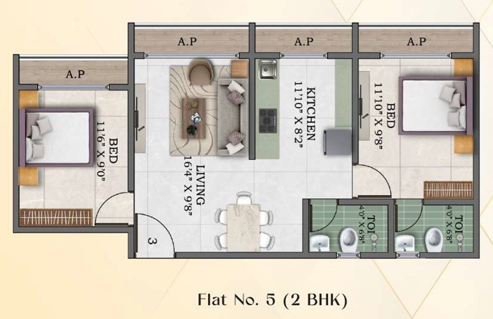 Floor plan of 2 BHK 445 Sq. Ft. Apartment in Gladiolus Crown, Palghar