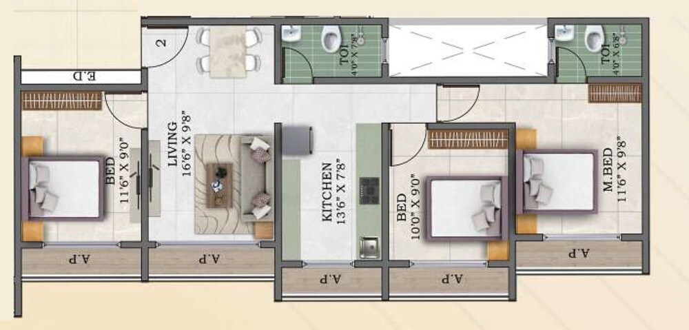 Floor plan of 3 BHK 503 Sq. Ft. Apartment in Gladiolus Crown, Palghar