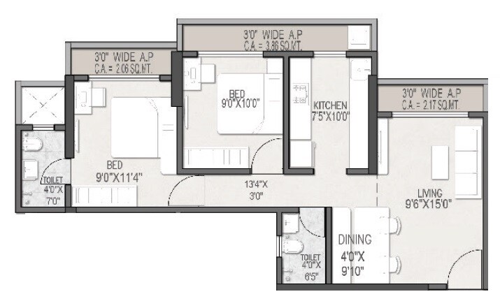 Floor plan of 2 BHK 664 Sq. Ft. Apartment in Gokul Nakshatra, Palghar