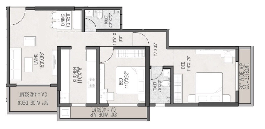 Floor plan of 2 BHK 788 Sq. Ft. Apartment in Gokul Nakshatra, Palghar