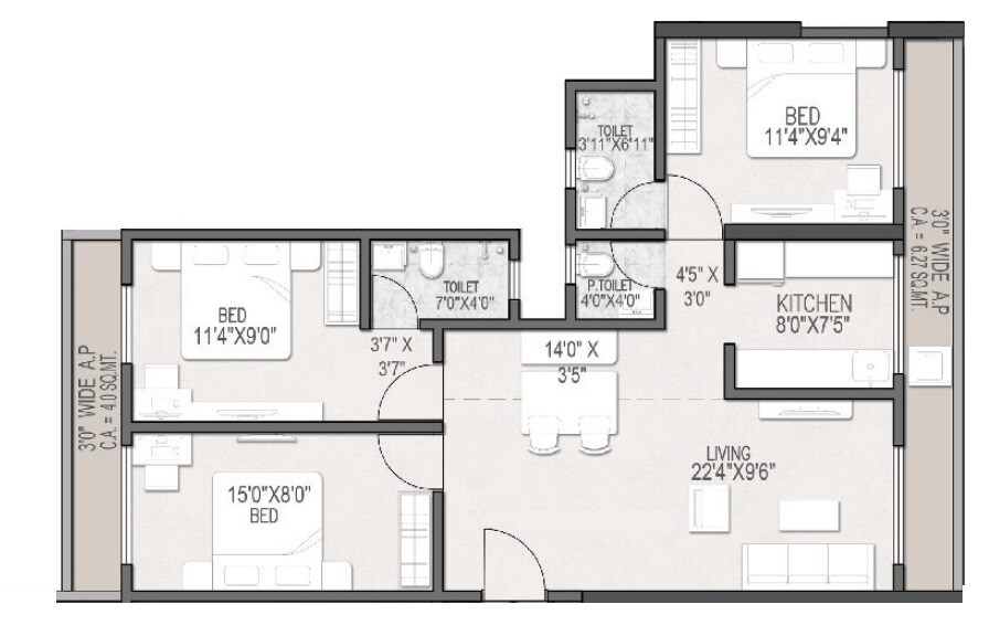 Floor plan of 3 BHK 900 Sq. Ft. Apartment in Gokul Nakshatra, Palghar