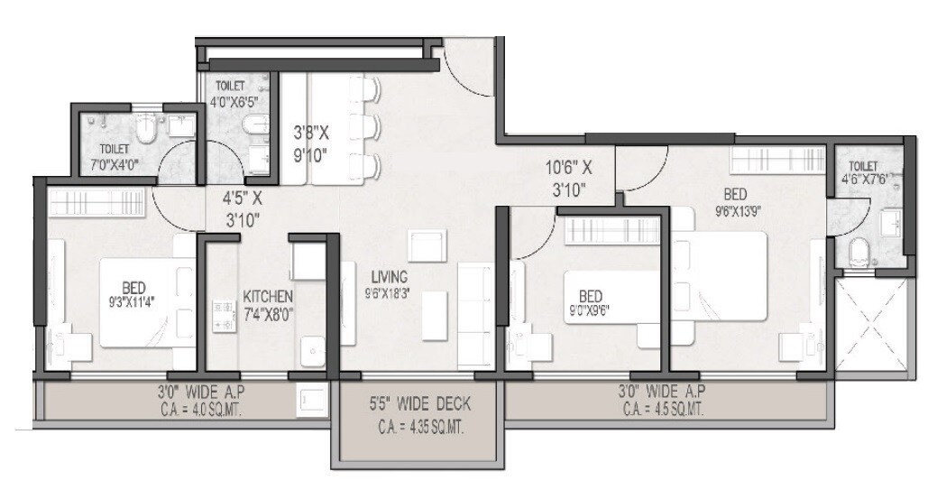 Floor plan of 3 BHK 932 Sq. Ft. Apartment in Gokul Nakshatra, Palghar