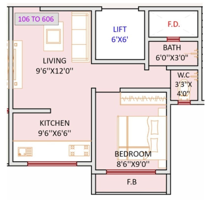 Floor plan of 1 BHK 327 Sq. Ft. Apartment in Golden Paradise, Palghar