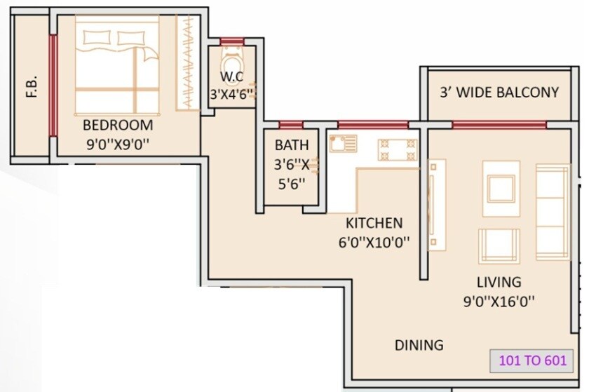Floor plan of 1 BHK 445 Sq. Ft. Apartment in Golden Paradise, Palghar