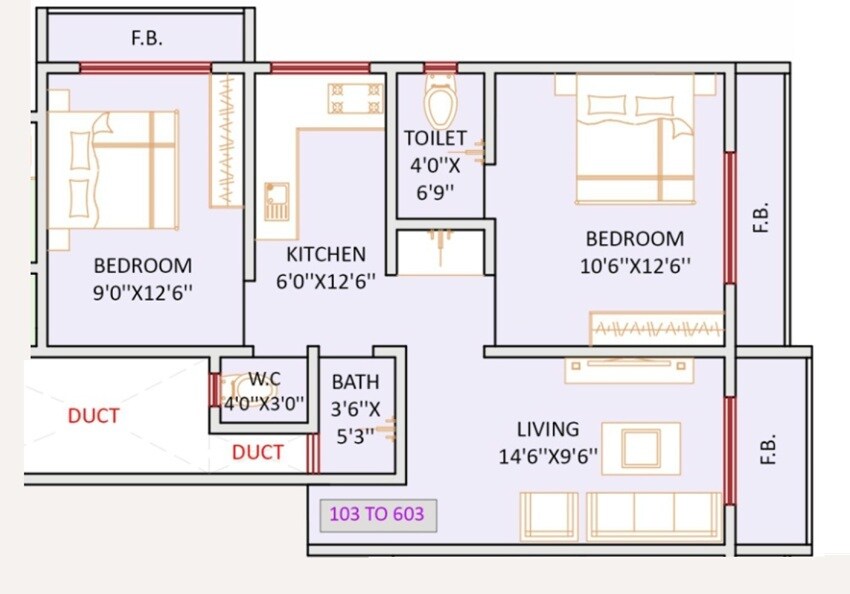 Floor plan of 2 BHK 612 Sq. Ft. Apartment in Golden Paradise, Palghar