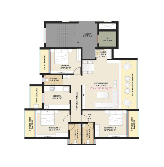 Floor plan of 3 BHK 1285 Sq. Ft. Apartment in Gravity Harmony Homes, Palghar