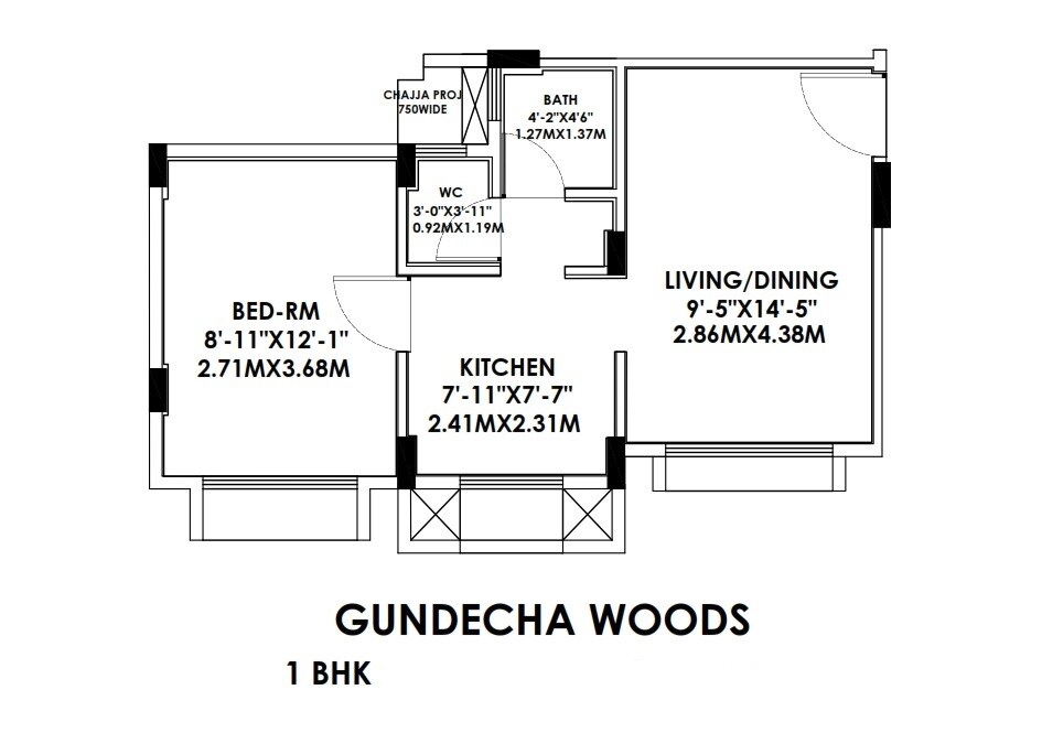 Floor plan of 1 BHK 319 Sq. Ft. Apartment in Gundecha Woods, Palghar