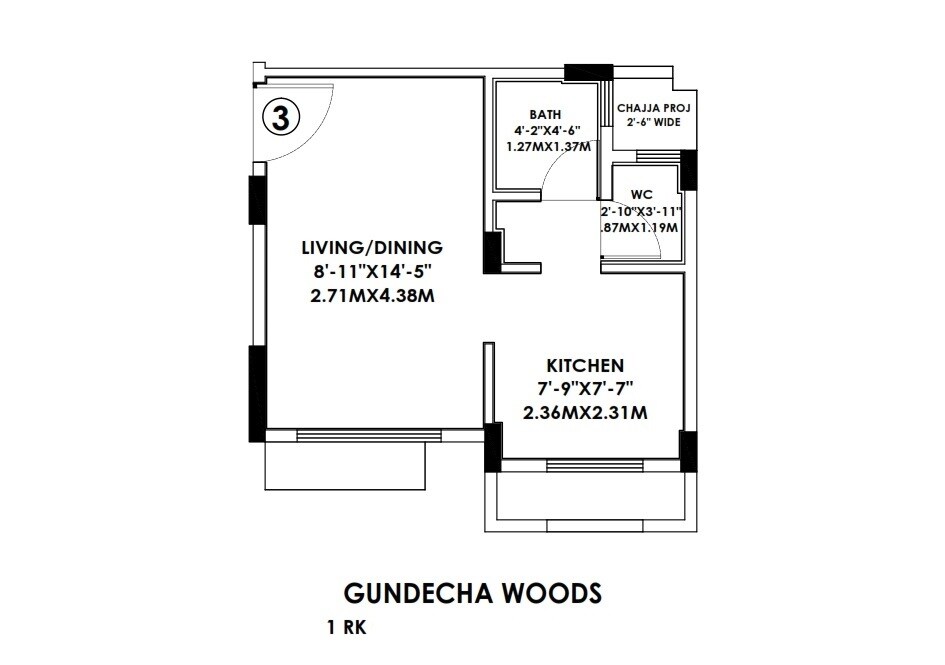 Floor plan of 223 Sq. Ft. Studio in Gundecha Woods, Palghar