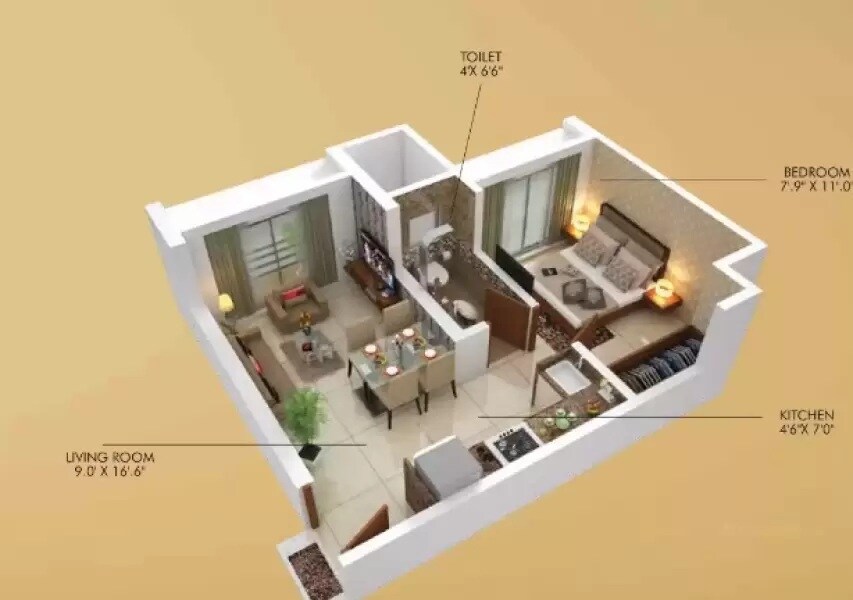 Floor plan of 1 BHK 266 Sq. Ft. Apartment in Harsh Trinity Oasis, Palghar