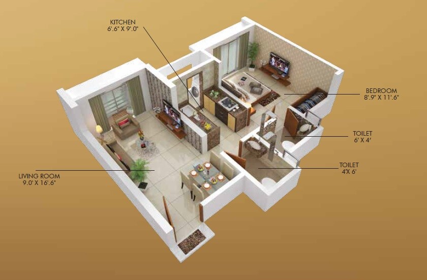 Floor plan of 1 BHK 322 Sq. Ft. Apartment in Harsh Trinity Oasis, Palghar