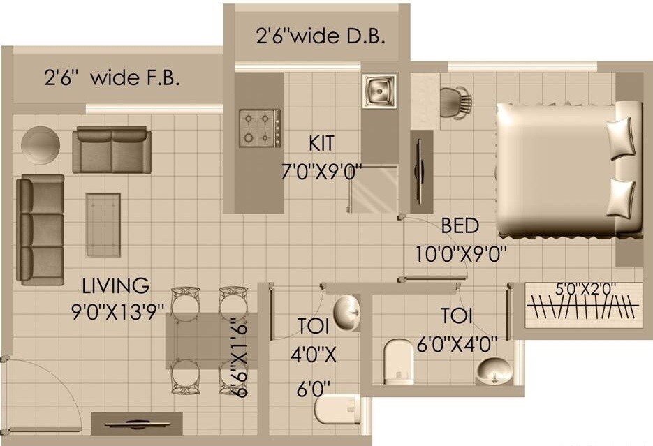 Floor plan of 1 BHK 398 Sq. Ft. Apartment in HDIL Paradise City, Palghar