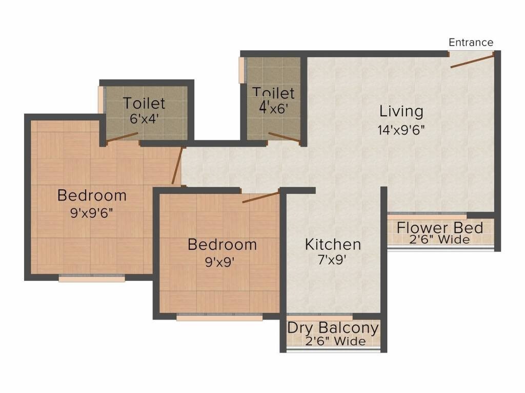 Floor plan of 2 BHK 403 Sq. Ft. Apartment in HDIL Paradise City, Palghar
