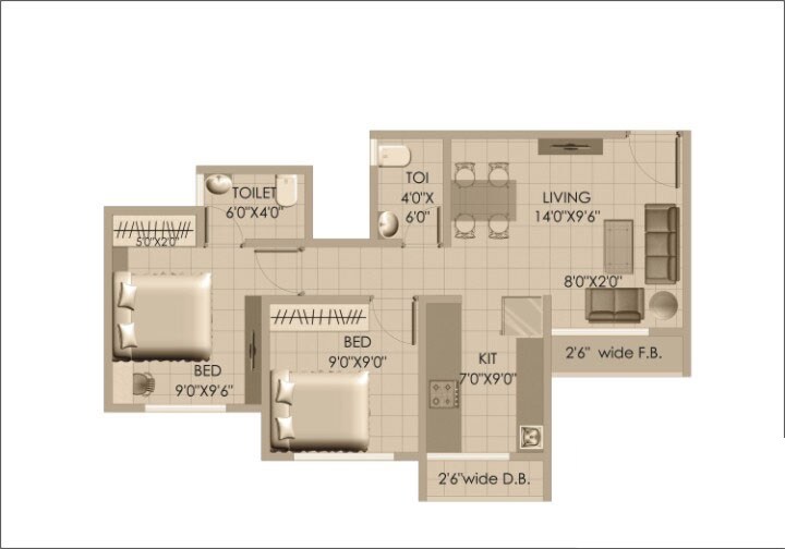 Floor plan of 2 BHK 499 Sq. Ft. Apartment in HDIL Paradise City, Palghar