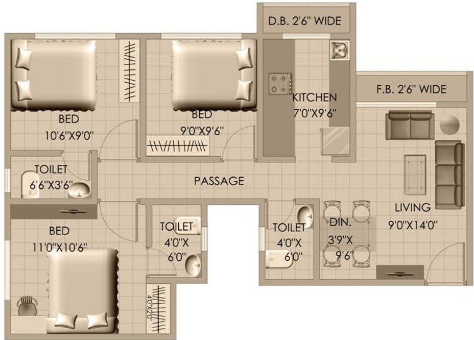 Floor plan of 3 BHK 872 Sq. Ft. Apartment in HDIL Paradise City, Palghar