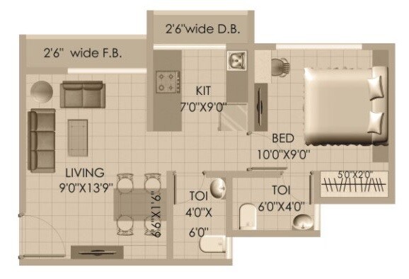 Floor plan of 1 BHK 398 Sq. Ft. Apartment in Hdil Paradise City Sector 3, Palghar