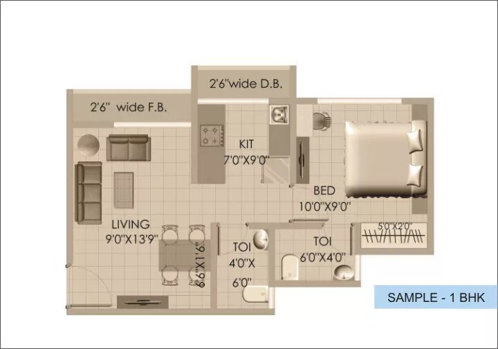 Floor plan of 2 BHK 670 Sq. Ft. Apartment in Hdil Paradise City Sector 5, Palghar