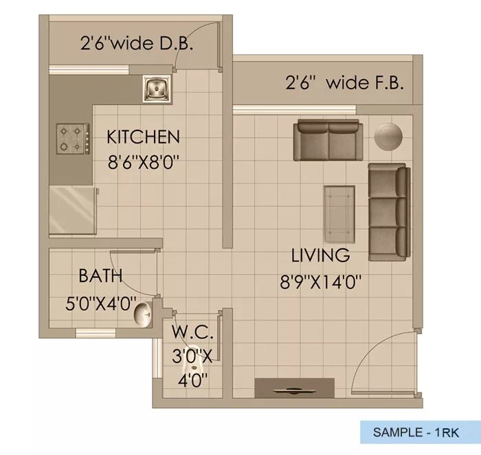 Floor plan of 335 Sq. Ft. Studio in Hdil Paradise City Sector 5, Palghar