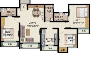 Floor plan of 3 BHK 1000 Sq. Ft. Apartment in HDIL Residency Park 2, Palghar