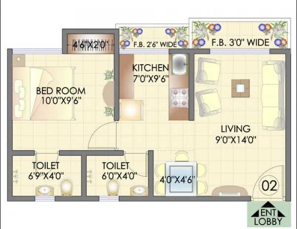 Floor plan of 1 BHK 615 Sq. Ft. Apartment in HDIL Residency Park, Palghar