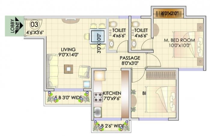 Floor plan of 2 BHK 700 Sq. Ft. Apartment in HDIL Residency Park, Palghar