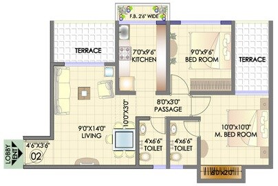 Floor plan of 2 BHK 930 Sq. Ft. Apartment in HDIL Residency Park, Palghar