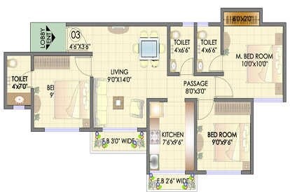Floor plan of 3 BHK 1115 Sq. Ft. Apartment in HDIL Residency Park, Palghar