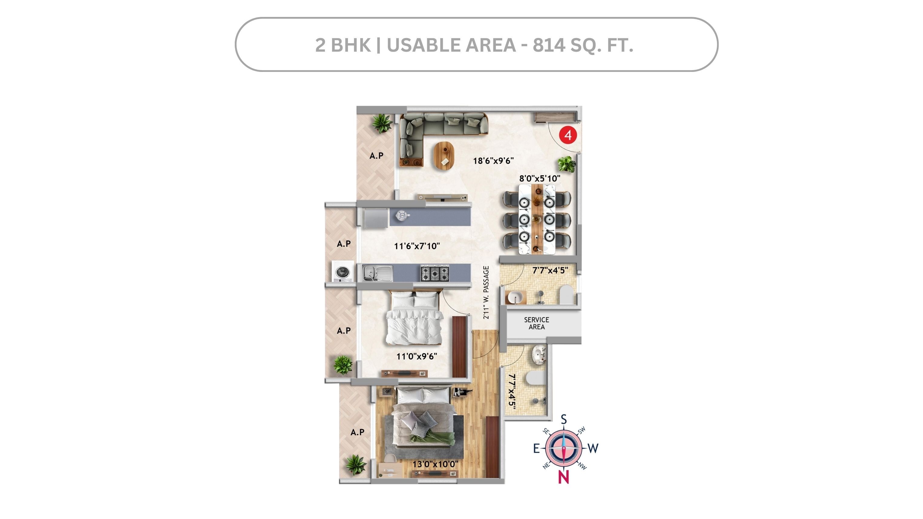 Floor plan of 2 BHK 814 Sq. Ft. Apartment in Imperial Anantha, Palghar