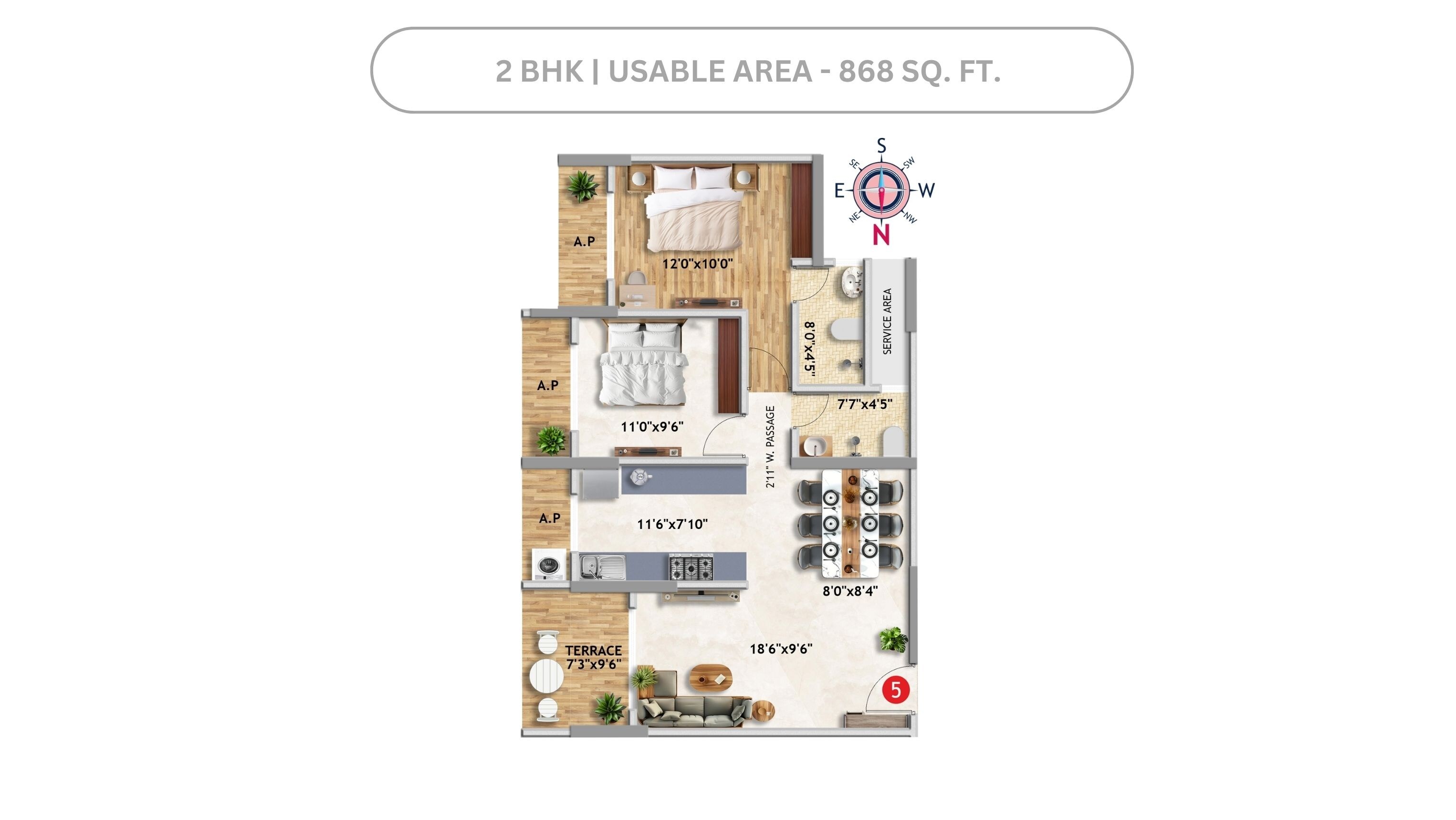 Floor plan of 2 BHK 868 Sq. Ft. Apartment in Imperial Anantha, Palghar