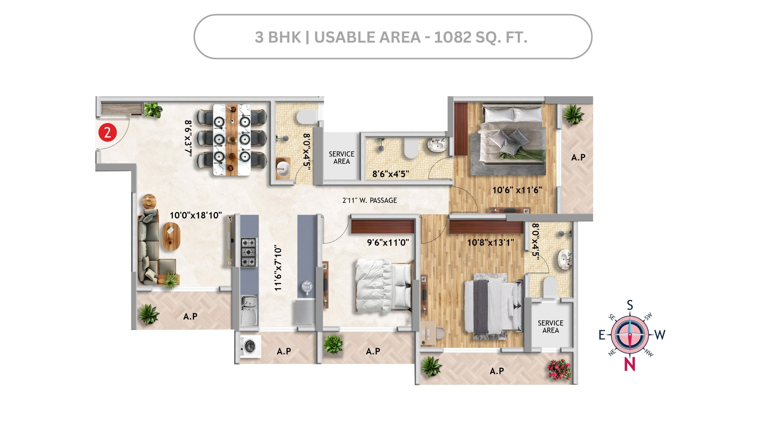 Floor plan of 3 BHK 1082 Sq. Ft. Apartment in Imperial Anantha, Palghar