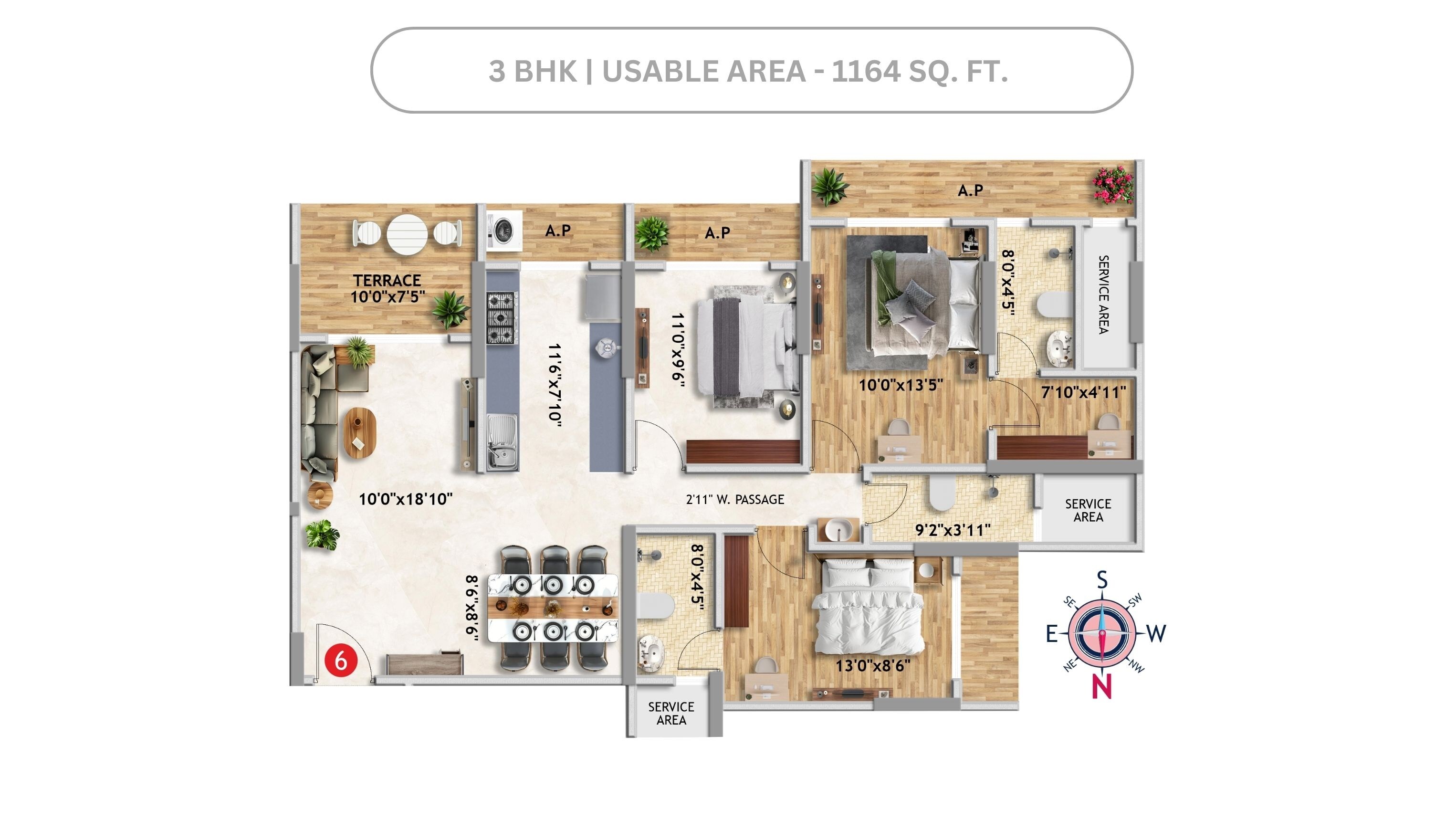 Floor plan of 3 BHK 1164 Sq. Ft. Apartment in Imperial Anantha, Palghar