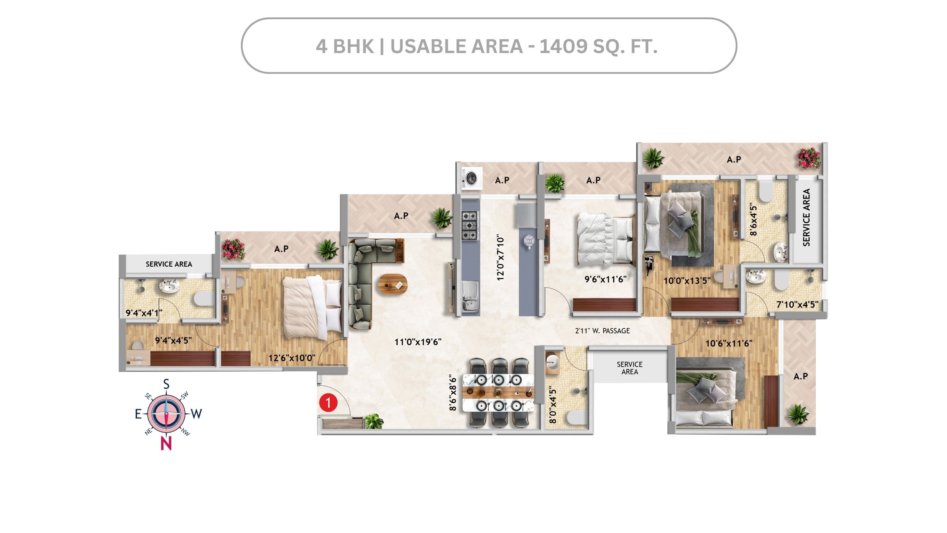 Floor plan of 4 BHK 1409 Sq. Ft. Apartment in Imperial Anantha, Palghar