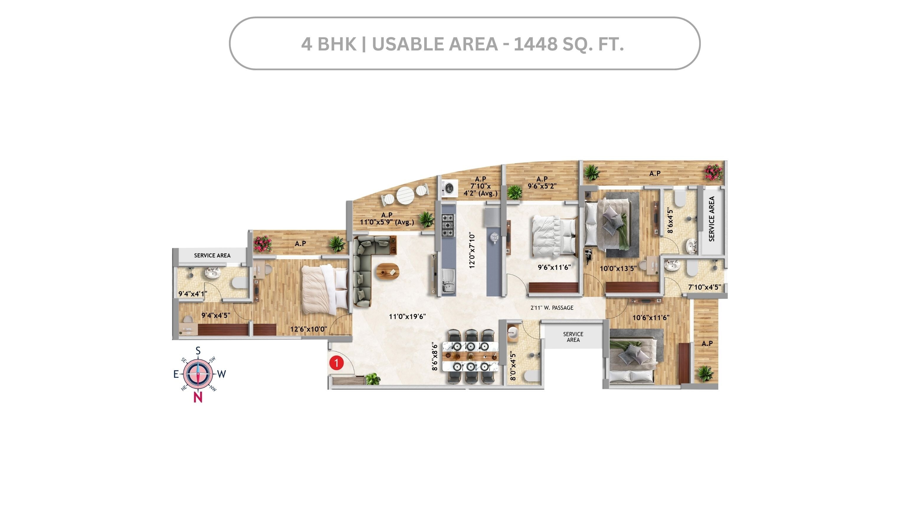 Floor plan of 4 BHK 1448 Sq. Ft. Apartment in Imperial Anantha, Palghar