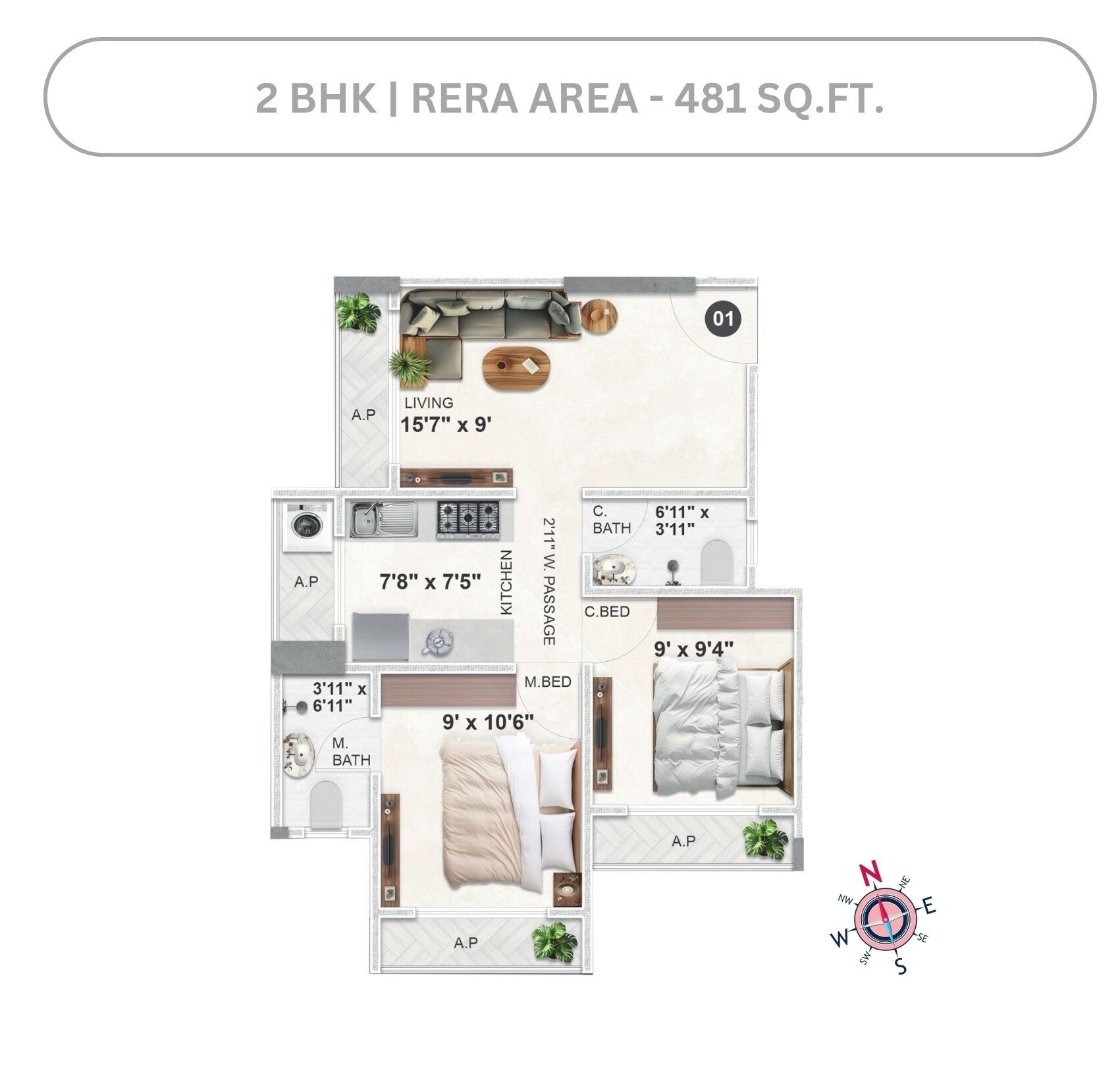 Floor plan of 2 BHK 481 Sq. Ft. Apartment in Imperial Dhanraj, Palghar