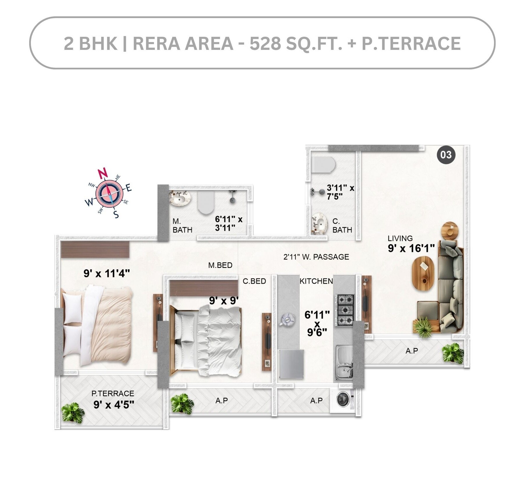 Floor plan of 2 BHK 528 Sq. Ft. Apartment in Imperial Dhanraj, Palghar