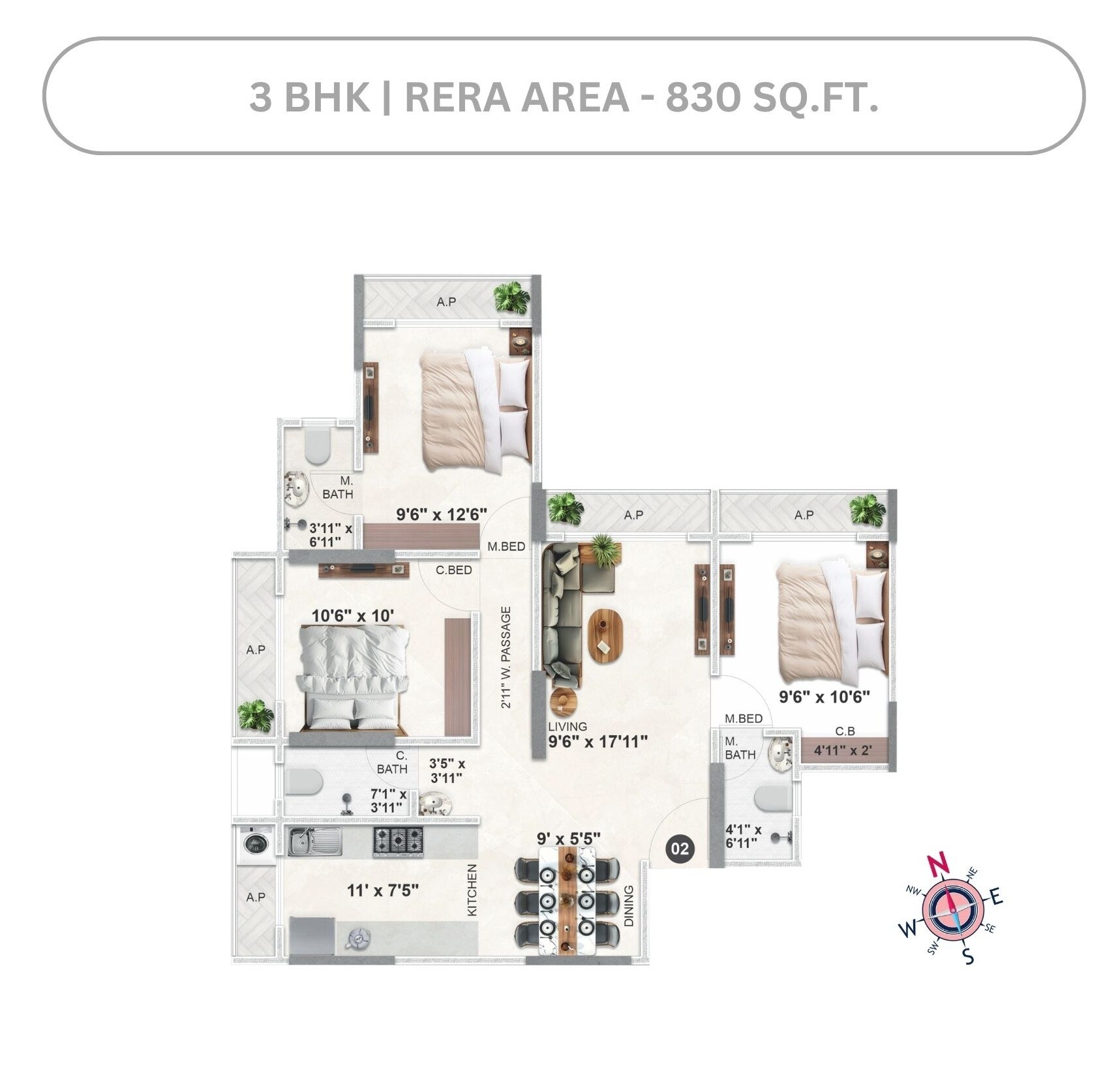 3 BHK 830 Sq. Ft. Apartment