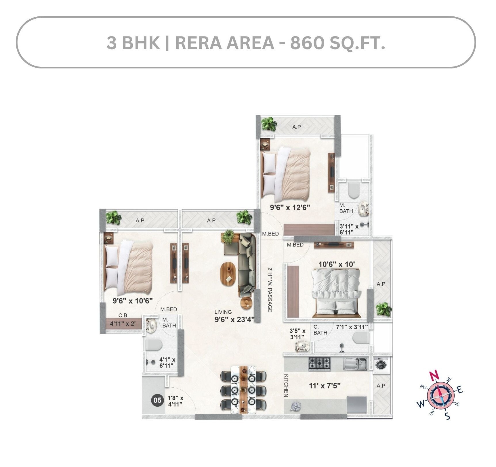 3 BHK 860 Sq. Ft. Apartment