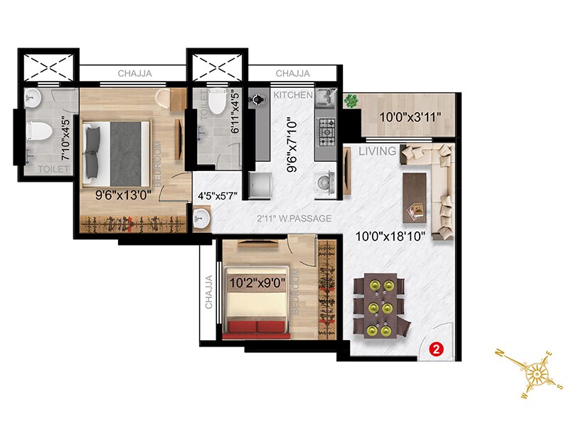 Floor plan of 2 BHK 630 Sq. Ft. Apartment in Imperial Exotica, Palghar