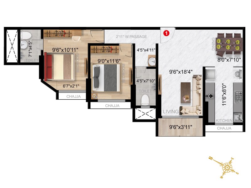 Floor plan of 2 BHK 722 Sq. Ft. Apartment in Imperial Exotica, Palghar