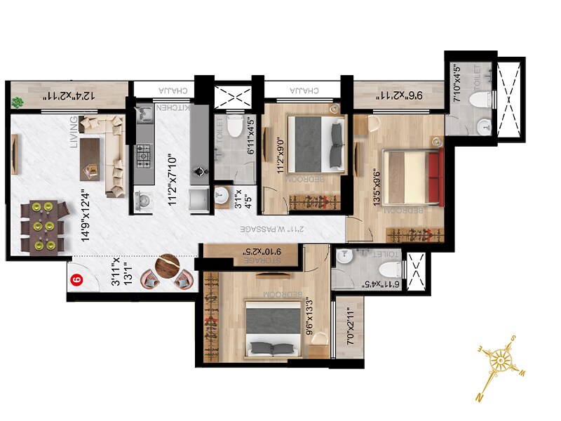 Floor plan of 3 BHK 963 Sq. Ft. Apartment in Imperial Exotica, Palghar