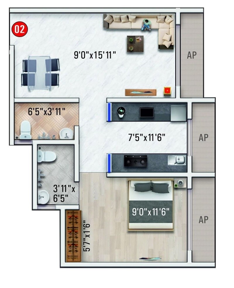 Floor plan of 1 BHK Apartment - 401 sq. ft. in Imperial Indrapuram, Palghar
