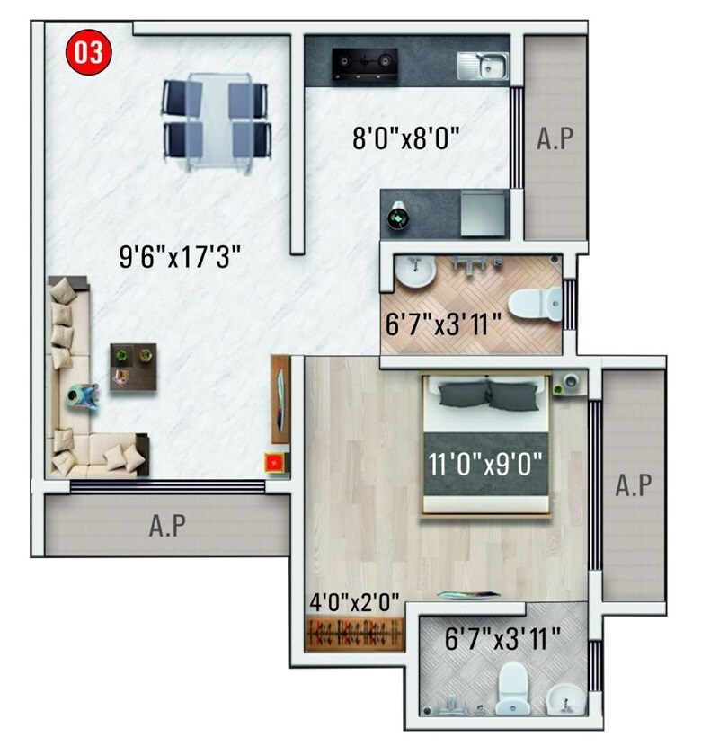 Floor plan of 1 BHK Apartment - 437 sq. ft. in Imperial Indrapuram, Palghar